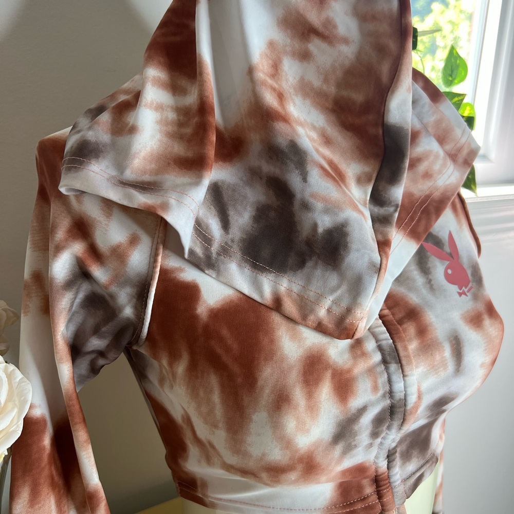 PLAYBOY 🐇✨ Y2K Brown and Orange Ruched Crop Hoodie